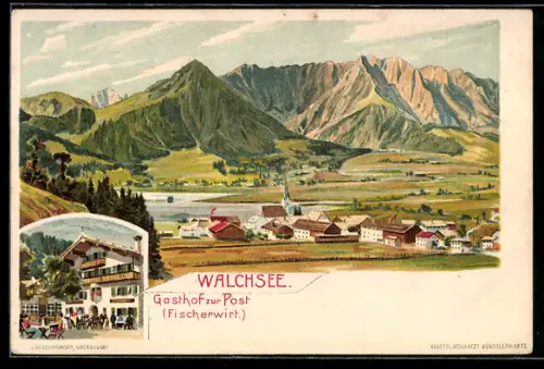 Lithographie Walchsee, Blick über den Ort, Gasthof zur Post (Fischerwirt)
