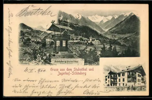AK Schönberg, Ortsansicht mit Kirche und Blick ins Stubaital, Jagerhof