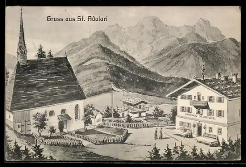 Künstler-AK St. Ulrich am Pillersee, Gasthaus St. Adolari und Kirche