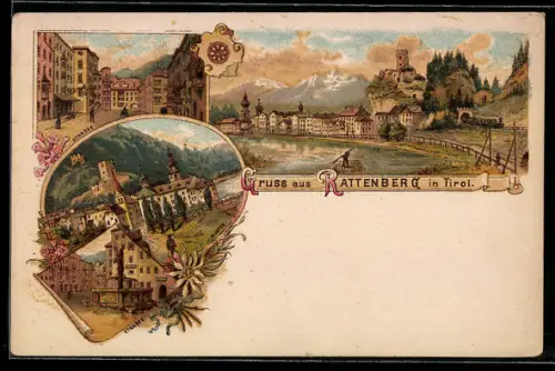 Lithographie Rattenberg i. T., Strassenansicht, Kloster, Uferpartie