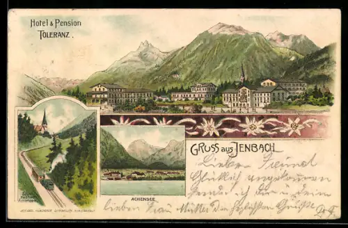 Lithographie Jenbach, Teilansicht mit Hotel-Pension Toleranz, Zahnradbahn Achensee