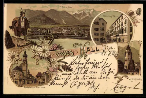 Lithographie Hall i. Tirol, Gasthaus zum Bären, Münzturm, Stadtplatz mit Pfarrkirche, Totalansicht des Ortes
