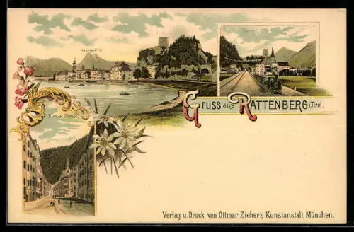 Lithographie Rattenberg / Tirol, Biener Strasse, Eisenbahn und Tunnel, Uferpartie mit Kaisergebirge