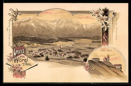 Lithographie Wörgl /Tirol, Panorama und Hohe Salve