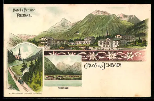 Lithographie Jenbach, Teilansicht mit Hotel-Pension Toleranz, Zahnradbahn Achensee