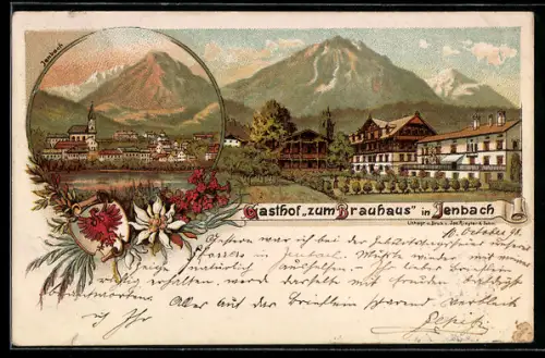 Lithographie Jenbach, Gathaus Zum Brauhaus mit Bergmassiv, Wappen