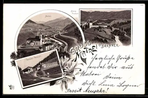 Lithographie Matrei /Brenner, Wallfahrt Waldrast, Schloss Trautson, Ortsansicht mit Kirche