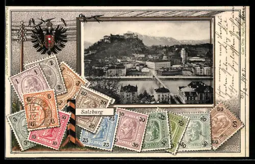 AK Salzburg, Stadtansicht mit Blick auf die Festung Salzburg, Briefmarken