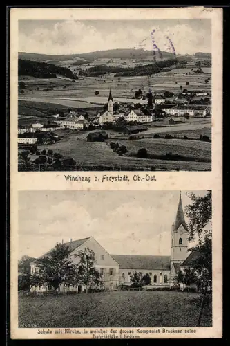 AK Windhaag b. Freystadt, Schule mit Kirche, Ortsansicht aus der Vogelschau