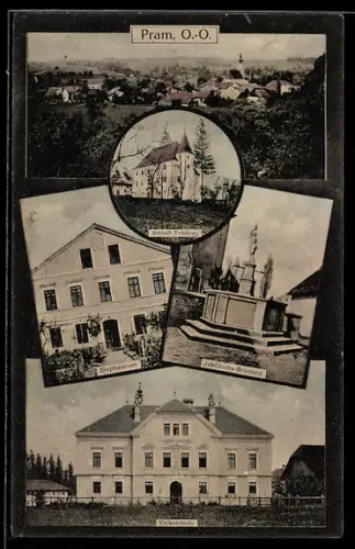 AK Pram /O.-Ö., Schloss Feldegg, Volksschule, Jubiläums-Brunnen