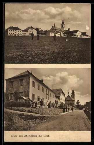 AK St. Agatha /Ob. Oest., Blick zur Kirche, Strassenpartie an einem Gasthaus