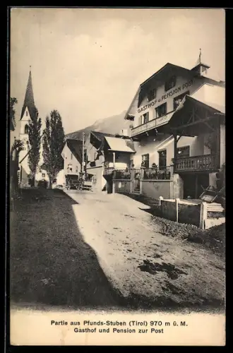 AK Pfunds-Stuben /Tirol, Gasthof und Pension zur Post, Kirche
