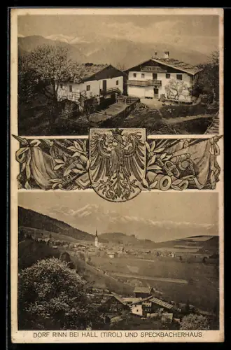AK Rinn bei Hall, Speckbacherhaus, Ortsansicht mit Kirche, Wappen