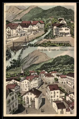 AK Jenbach am Achensee, Ortsansichten mit Kirche und Brücke