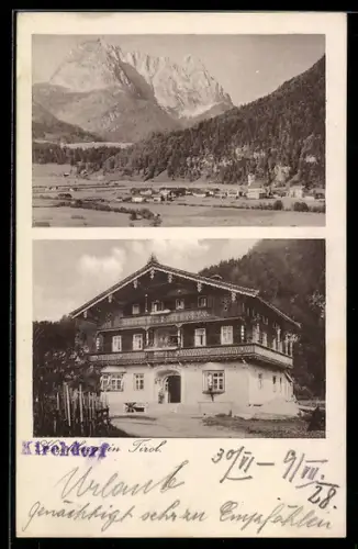 AK Kirchberg in Tirol, Gasthaus im Kaisergebirge, Bes. Johann Froidl, Panorama mit Berg im Hintergrund