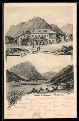 Künstler-AK Pertisau a. Achensee, Gasthof zum Pfandler, Aussicht gegen Seespitze