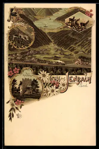 Lithographie Jenbach /Tirol, Schloss Tratsburg, Ruine Rothenburg, Blick ins Tal