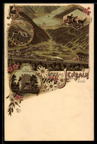 Lithographie Jenbach /Tirol, Schloss Tratsburg, Ruine Rothenburg, Blick ins TalTalpanorama aus der Vogelschau