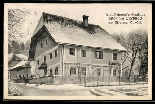 AK Bach bei Weyregg, Gasthaus von Rud. Pointner im Schnee