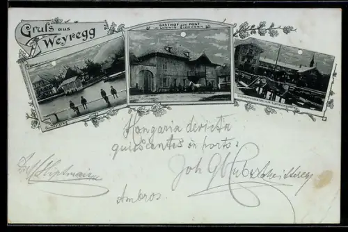Mondschein-AK Weyregg, Gasthof zur Post, Inh. Ludwig Eichhorn, Gondelsteg, Hubertusheim
