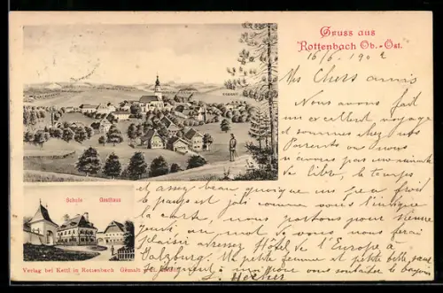 AK Rottenbach /Ob.-Öst., Schule und Gasthaus, Panorama mit Kirche