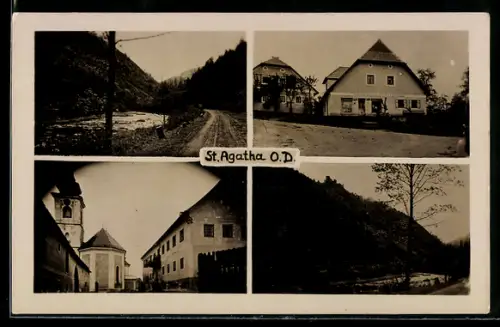 AK St. Agatha /O. D., Warenhandlung, Strassenpartie am Fluss
