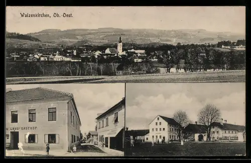 AK Waizenkirchen /Ob.-Oest., M. Lang`s Gasthof, Lederhandlung, Panorama mit Kirche