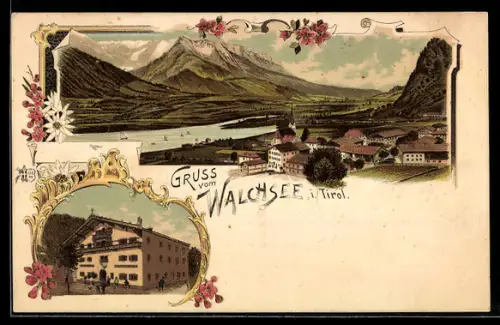 Lithographie Walchsee i. Tirol, Gasthaus und Totalansicht
