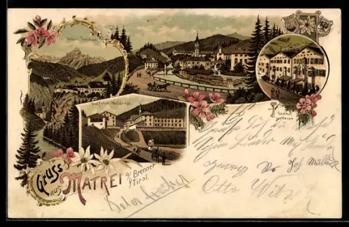 Lithographie Matrei a. Brenner, Gasthof zur Krone, Wallfahrt-Waldrast und Schloss Trautsen