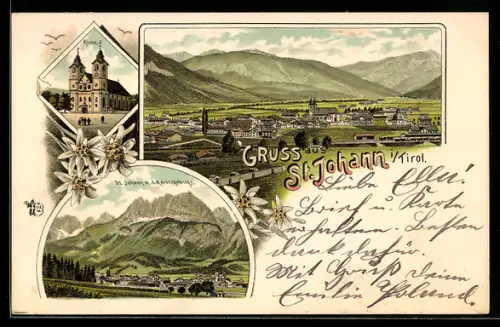 Lithographie St. Johann i. Tirol, Kirche, Panorama und Kaisergebirge