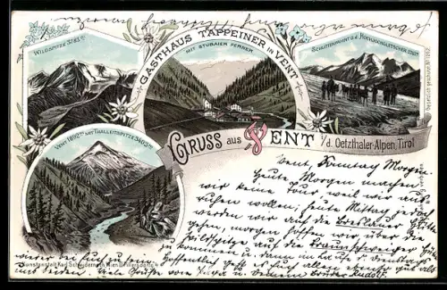 Lithographie Vent i. D., Gasthaus Tappeiner, Schlittenfahrt ü. d. Hochjochgletscher, Wildspitze und Thalleitspitze
