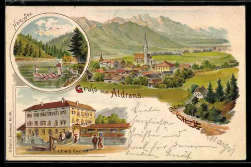 Lithographie Aldrans, Ortsansicht mit Kirche und Herz-See, Plattner`s Gasthof