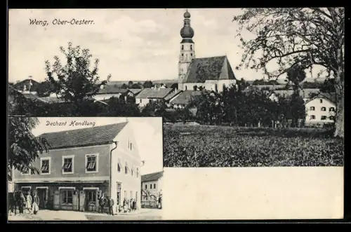 AK Weng /Ober-Oesterr., Dechant Handlung, Ortsansicht mit Kirche