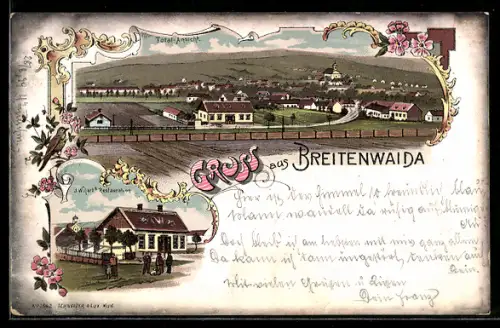 Lithographie Hollabrunn, Breitenwaida, Restaurant von J. Wihart, Totalansicht