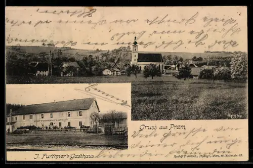 AK Pram, J. Furthner`s Gasthaus, Ortsansicht mit Kirche