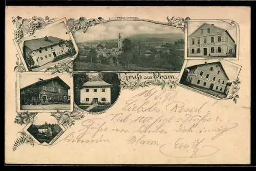 AK Pram, Josef Erkner`s Gasthaus, Stephaneum, Schulhaus, St. Lukas-Bad, Schloss Feldegg