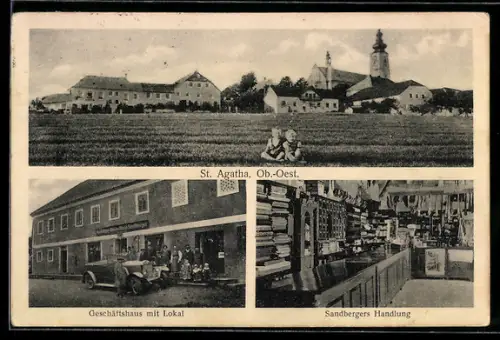 AK St. Agatha, Sandbergers Gasthaus und Handlung, Teilansicht vom Ort