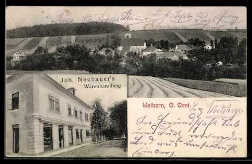 AK Weibern, Totalansicht mit Acker und Kirche, Joh. Neubauer`s Warenhandlung