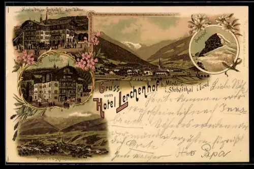 Lithographie Mieders im Stubaithal, Hotel Lerchenhof, Gesamtansicht