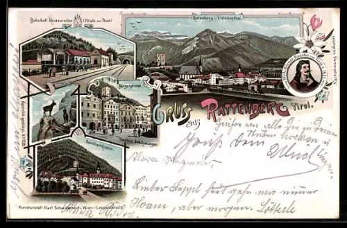 Lithographie Rattenberg /Tirol, Bahnhof-Restaurant, Bürgerstrasse, Servitenkloster, Handlung Jos. Aswanger