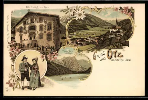 Lithographie Oetz, Alter Gasthof Zum Stern, Piburger See und Ortsansicht