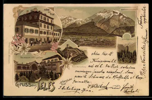 Lithographie Telfs, Hotel zur Post mit Veranda, Ruine Klamm, Ortsansicht mit Umgebung