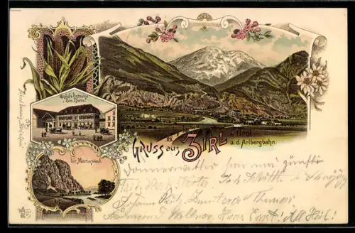 Lithographie Zirl a.d. Arlbergbahn, Totalansicht, Gasthaus zum Löwen