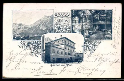 AK Telfs, Gasthof zur Post, Garten mit Veranda und Totalansicht mit Bergpanorama