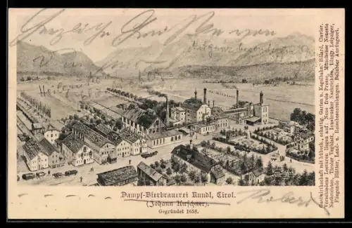 Lithographie Kundl, Dampf-Bierbrauerei, Bes. Johann Kirschner aus der Vogelschau