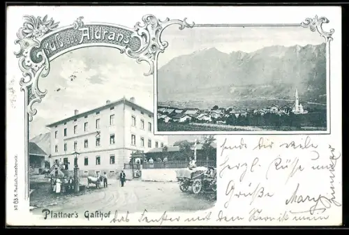AK Aldrans, Plattner`s Gasthof in der Aussenansicht, Totalansicht mit Kirche