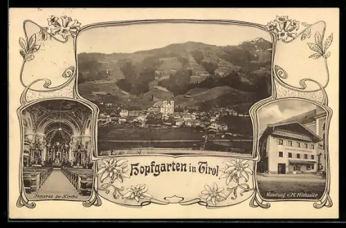 AK Hopfgarten in Tirol, Totalansicht und Geschäft von M. Michaeler, Inneres der Kirche