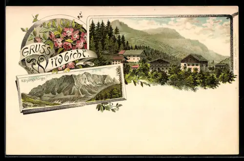 Lithographie Wildbichl, Totalansicht mit Umgebung und Kaisergebirge