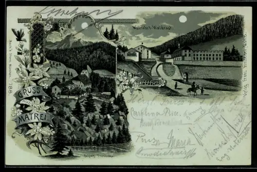 Mondschein-Lithographie Matrei, Teilansicht mit Umgebung, Wallfahrt-Waldrast