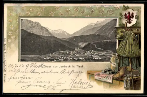 Präge-AK Jenbach in Tirol, Totalansicht mit Bergpanorama, Wanderausrüstung im Passepartout